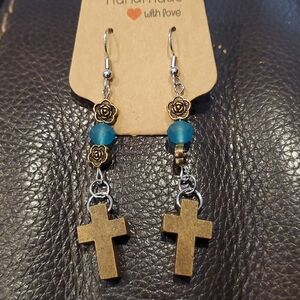 Handmade Gold and Blue Cross Earrings